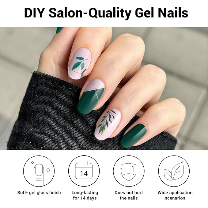 Semi Cured Gel Nail Strips, Grass Green | 28 pcs Gel Nail Strips Work with Any UV Lamp, Salon Quality UV Nails Stickers, Easy to Apply for Home Nails DIY