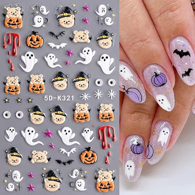 5D Embossed Halloween Nail Stickers for Nail Art Cute Ghost Nail Art Stickers Self-Adhesive Pegatinas Uñas Bear Pumpkin Fall Glitter Designs Spooky Skeleton Nail Decals Supplies for Nail Decoration