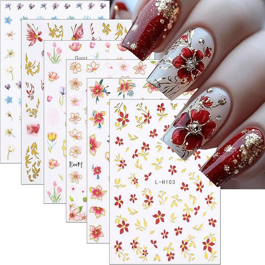 6 Sheets Flower Nail Art Stickers 3D Self Adhesive Spring Summer Nails Decals Butterfly Tulip Cherry Blossom Design Flower Nail Stickers Floral Sticker for Women Daily Manicure Supplies