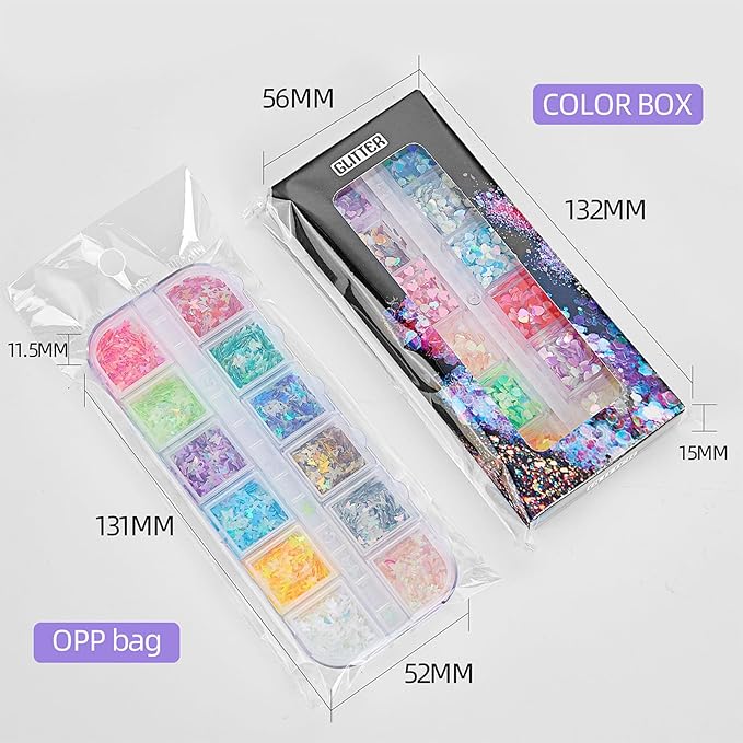 12 Grids Luminous Nail Art Glitter Powder, Glow in The Dark Nail Art Sequins with Star Moon Shape Designs, Night Holographic Fluorescent Nails Mix Pigment Supplies for Women Girls Glow Decorations