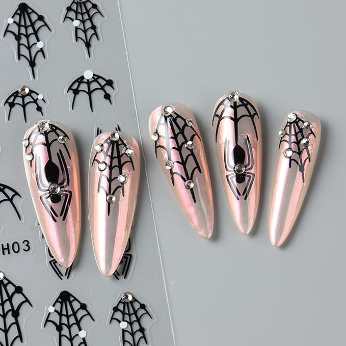 4 Sheets Halloween Nail Stickers for Nail Art, Spider Nail Decals Self Adhesive Black Nail Art Stickers Spider Web Nail Decorations with Rhinestone Halloween Manicure Supplies for Women and Girls