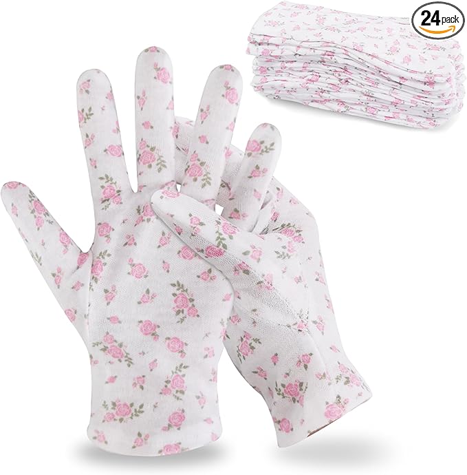 HandLove Premium 100% Cotton Gloves | Moisturizing Gloves for Dry Hands & Eczema | Overnight Sleeping Gloves, Eczema Gloves | White Floral Dots, 12 Pairs