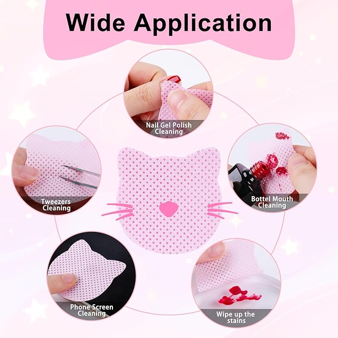 MEKK 400PCS Lint Free Nail Wipes,Cat Shape Non Woven Fabric Nail Cleaning Pads,Absorbent Dry Wipes for Nail Polish Remover & Lash Extensions Glue-Pink