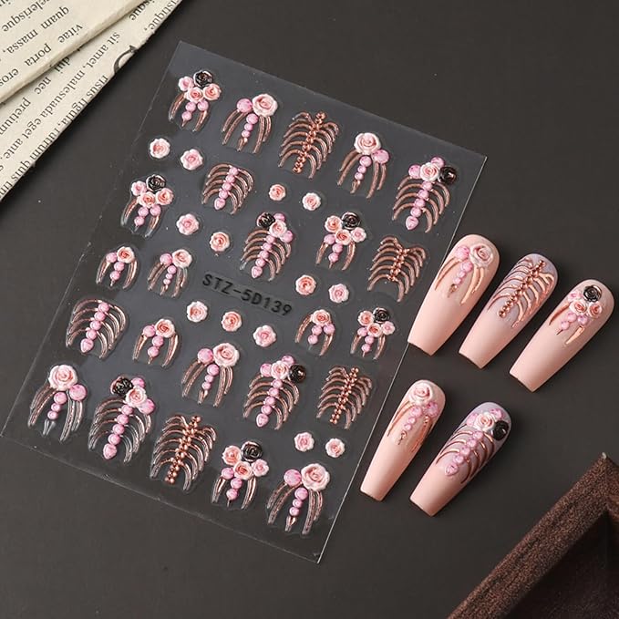 2Pcs Halloween Nail Art Stickers 5D Embossed Halloween Nail Decals Gold Pink Skeleton Bone Rose Blossom Pattern Nail Designs Stickers Skull Nail Supplies for Women Manicure Tip Decorations Accessories
