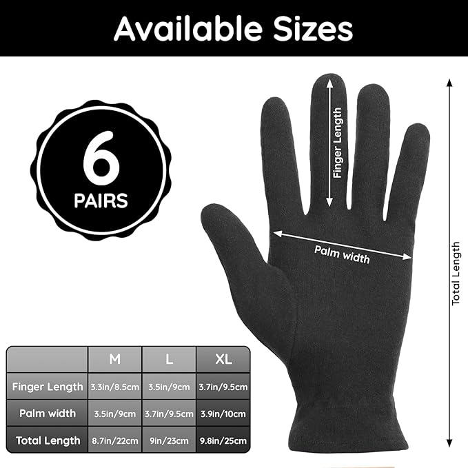Segbeauty 12 Counts Elastic Moisturizing Hand Gloves for Men, 6 Pairs Black Cotton Gloves for Dry Hands Overnight, Sleeping Soft Spa Moisture Glove with Elastic Band, Sleep Lotion Glove for Working