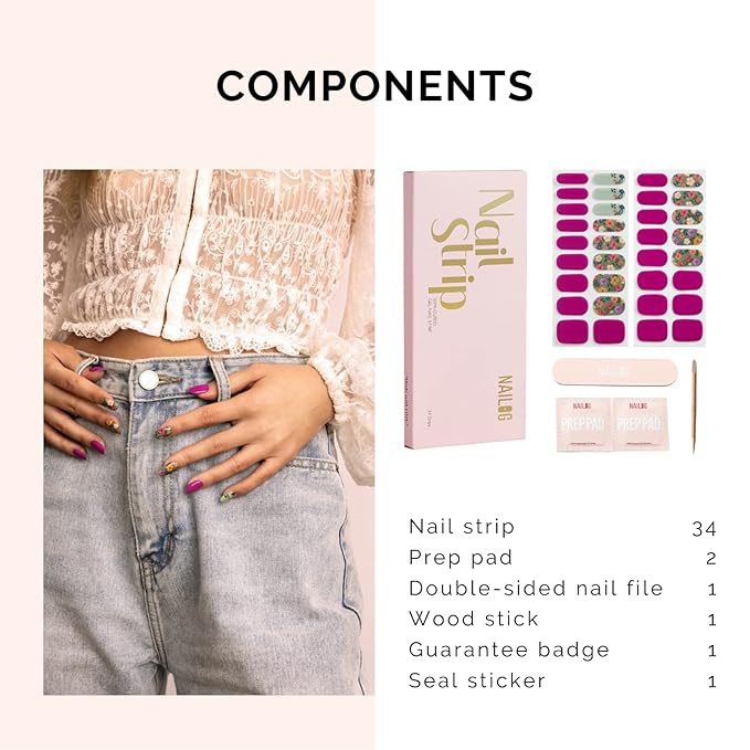 Nailog Semi Cured Gel Nail Strips 34 pcs| Long Lasting Nail Polish Sticker Wraps with Glossy Gel Finish, Retro Jungle