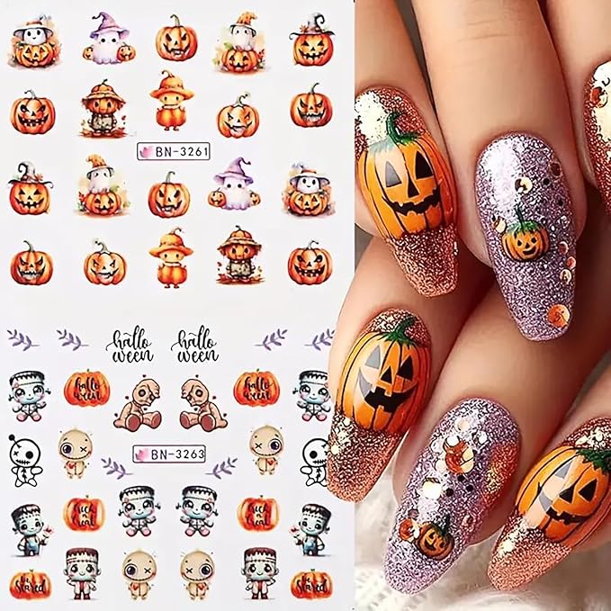 12sheet Halloween Nail Stickers Funny Pumpkin Nail Art Stickers Decals with Cute Ghost Skeleton Spider Design Nail Stickers for Nail Art Water Transfer Nails Supplies for Women Manicure Decor