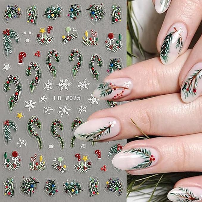 Christmas Nail Art Stickers Winter Nail Decals Snowflake Nail Stickers for Nail Art Cedar Green Red Christmas Tree Design 3D Self Adhesive Nail Sticker for Women Decor Holiday Accessories 4 Sheets