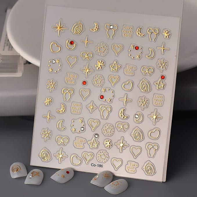 Gold Nail Art Stickers Bow Star Nail Stickers 5D Self-Adhesive Nail Decals with Rhinestones Design Gold Heart Moon Nail Supplies Decoration Accessories for Women and Girls