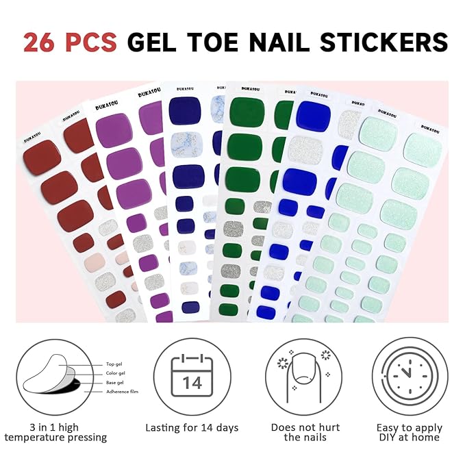 Semi Cured Gel Toe Nail Strips,26 Pcs Toes Nail Stickers Wraps(Shiny Blue),UV Light Required,Easy to Apply