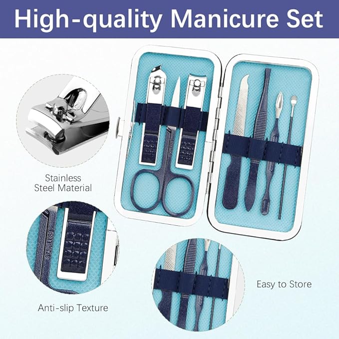Manicure Set, Nail Clipper Set 7 in 1 Stainless Steel Nail Clipper Kit Manicure Kit Nail Clippers for Men Grooming Kit Pedicure Kit Fingernail Toenail Clippers for Men Women Husband Boyfriend, Blue
