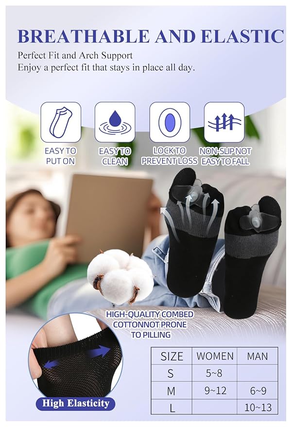 Happy Feet Alignment Socks, Adjustable Yoga Toe Separators For Men Women, Wearable On The Go, Black L