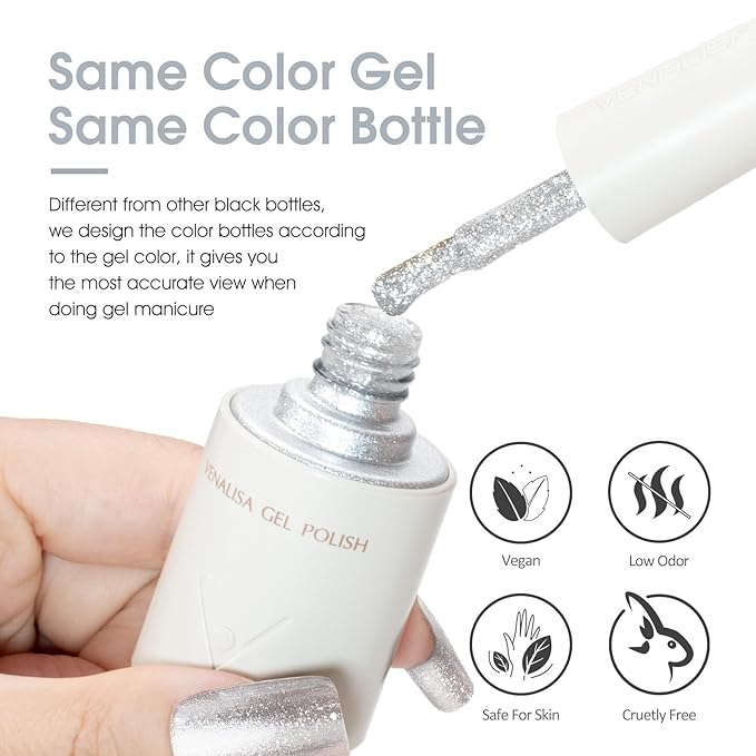 VENALISA Platinum Silver Glitter Gel Nail Polish 1 Pcs 10ML Soak Off Salon Manicure DIY at Home Nail Art For Girls Women