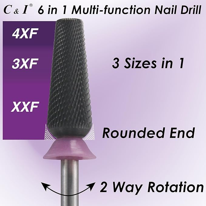 C & I Nail Drill Bit 6 in 1 Multi-function Rounded End E-file, Diamond Coat, CNC Overall Cut Nail Tools for Nail Techs Quick Remove Acrylic Nail Gels & Nail Art (Special Coat, Double Fine -XXF)