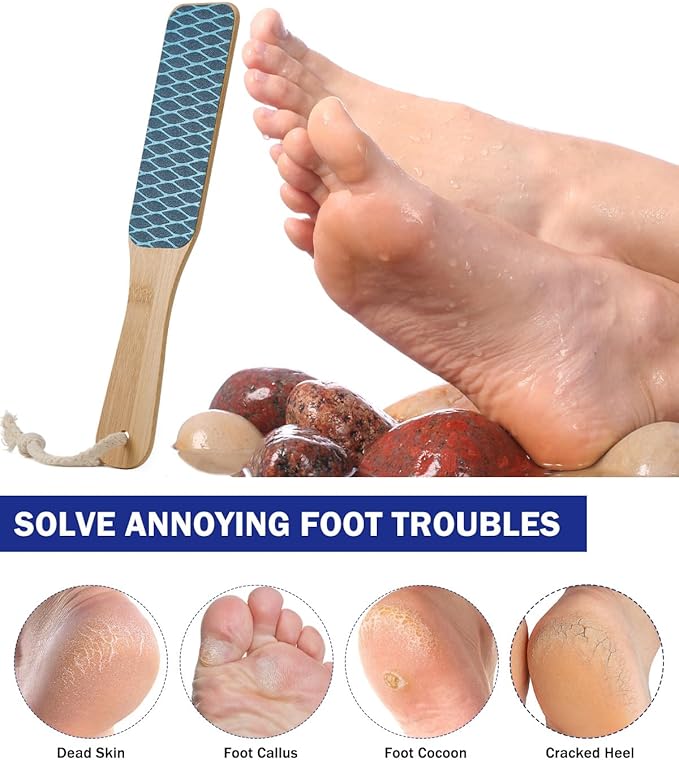 BEZOX Foot File Callus Remover with Bamboo Handle(1 PCS), Double-Sided Portable Foot Sander, Professional Pedicure Heel Scrubber for Smooth and Beautiful Feet - Blue