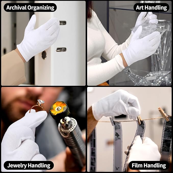 Small Touch Screen Gloves, 10 Pairs White Cotton Gloves for Art Handling, Coin Handling, Jewelry, Photography, Dry Hands Sleeping, with Pack of 40 Touchscreen Stickers
