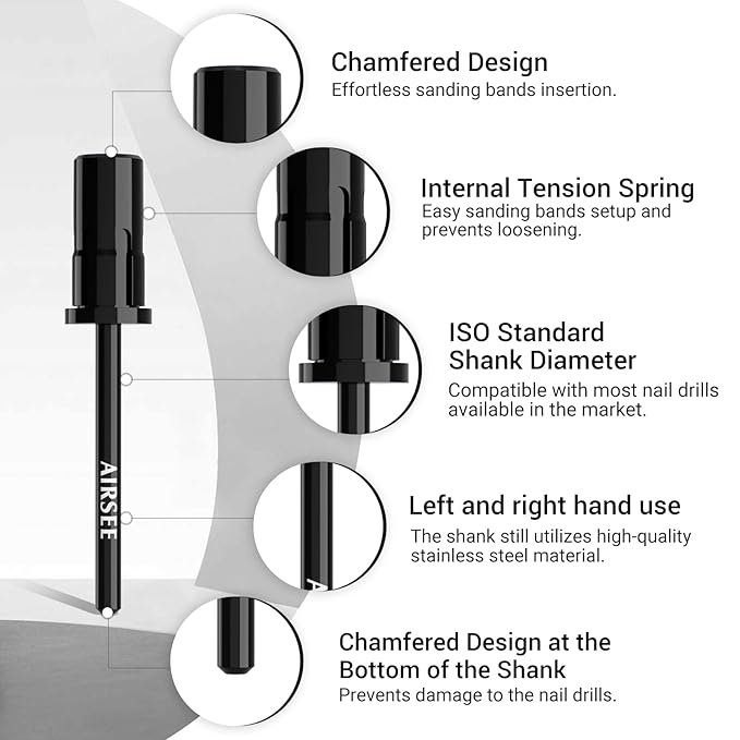 AIRSEE Nail Drill Mandrel Bit for Efile Sanding Bands, Stainless Steel Professional Electric File Head for Clean Cuticle Removing, Acrylic Tip Dead Skin Sander Remover Manicure Safety (Classic Black)