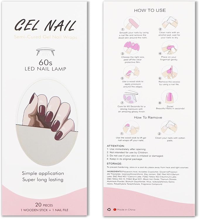 JMEOWIO Gel Nail Stickers Wine Red Semi Cured Gel Nail Strips Wraps UV/LED Nails Art Design Decoration Accessories