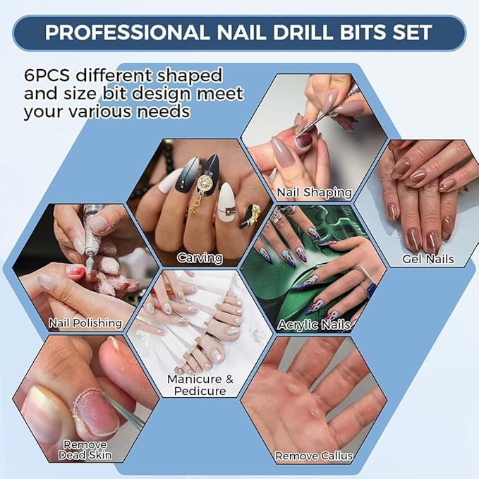 dophee 6 Pack Nail Drill Bits Set for Acrylic Nails, 3/32" Shank Electric Nail Grinding Head Polishing Remover Tool for Nail Art Salon Cuticle Cleaner, Medium Grit, Blue