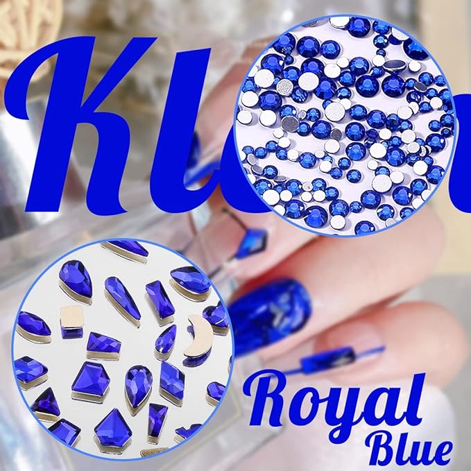2052Pcs Sapphire Blue Nail Art Rhinestones Kit Royal Blue Nail Charms Multi Shapes Crystal Flatback Rhinestones Big Gems + Round Beads Glass Stones Diamonds Jewels for Nails Faces Eyes Makeup