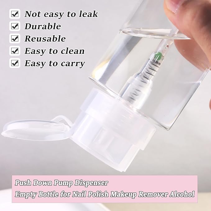 Nail Polish Remover Pump Alcohol Dispenser Push Down Pump Dispenser 500Pcs Lint Free Nail Wipes Pump Bottles for Liquids Eye Makeup Remover Pump Push Down Empty Bottle 100ml