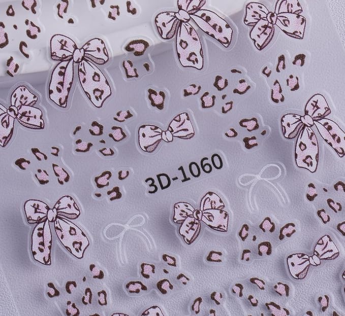 Leopard Print Bow Nail Stickers Self-Adhesive, 2 Sheets Mini Nail Art Decorations Kit - DIY Easy Apply for Everyday, Party, Gifts
