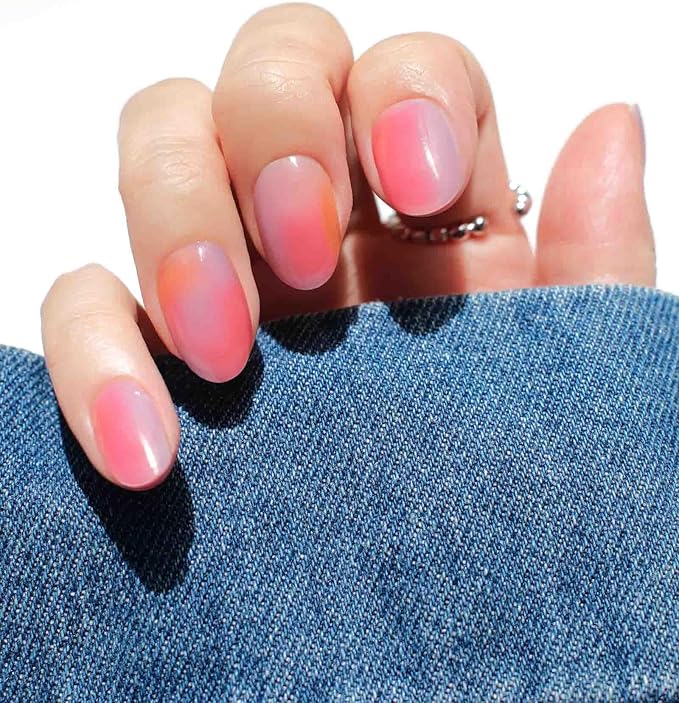 Nail Polish Strips - 22 Pcs Salon Quality Gel Nail Stickers - Long Lasting Wraps (Strawberry Cocktail Pink&Orange)
