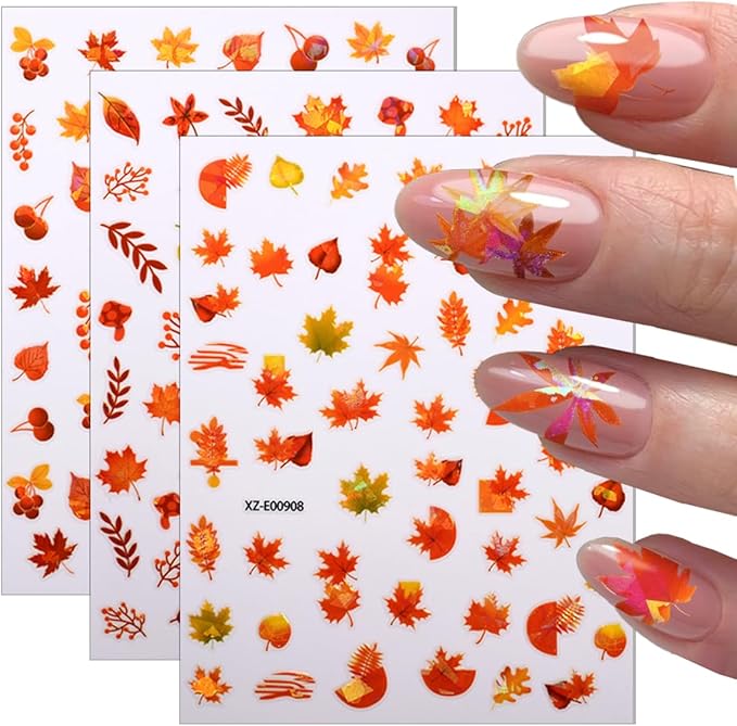 12 Sheets Fall Nail Art Stickers Decal Laser Glitter 3D Self-Adhesive Nail Stickers Design Autumn Maple Leaf Red Fox Pumpkin Nail Decals for Women DIY Thanksgiving Holiday Nail Decorations Supply