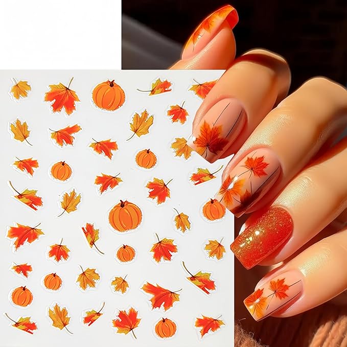 6 Sheets Fall Nail Stickers Maple Leaf Nail Art Stickers Decals Thanksgiving Pumpkins Maple Leaves Nail Design Nail Decals Autumn Nail Supplies for Women Holiday Acrylic Nail Decoration DIY