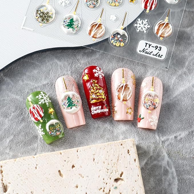 Christmas Snowflake Nail Stickers 5D Embossed Christmas Tree Snowman Nail Art Stickers Self-Adhesive Crystal Ball Nail Design Christmas Nail Decals for Women Girls Snowmen Nail Decoration 1 Sheets