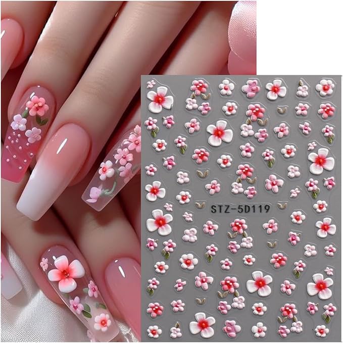 JMEOWIO 3D Embossed Flower Nail Art Stickers Decals Self-Adhesive 5D Spring Summer Floral Nail Supplies Nail Art Design Decoration Accessories 4 Sheets