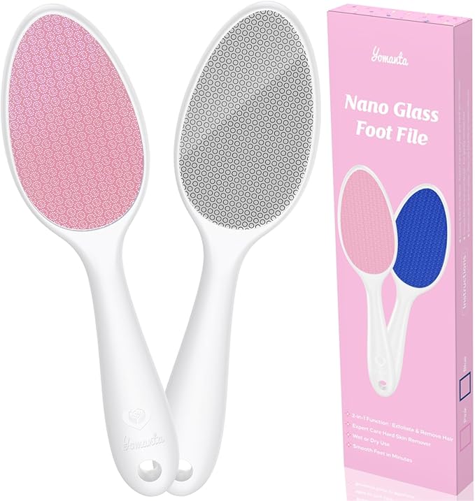 Foot File, Nano Glass Foot File Callus Remover with Handle, 2-in-1 Foot Scrubber Dead Skin Remover, Gentle Exfoliation Foot Buffer Pedicure Tools for Feet-Pink