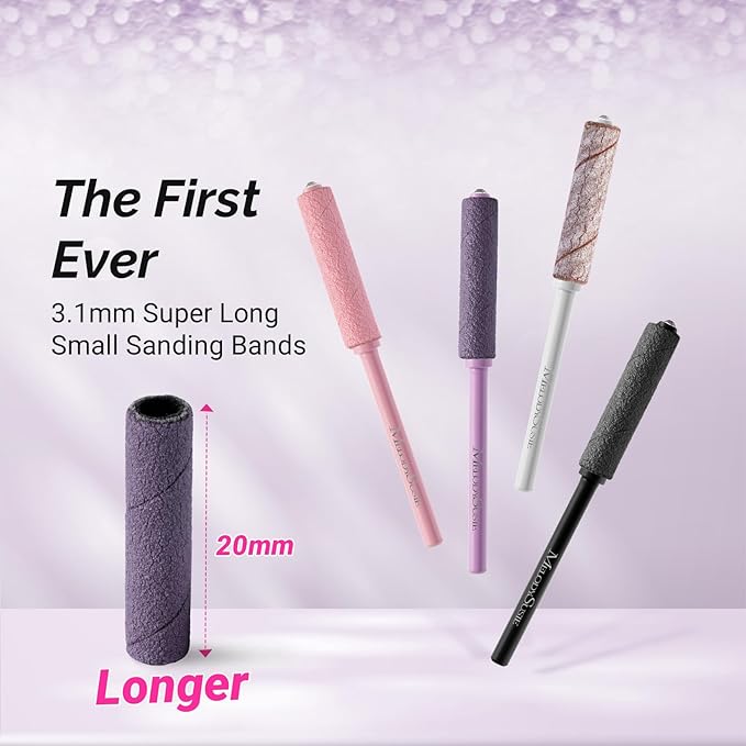 MelodySusie 50 Pcs Nail Drill Bits Super Long Small Sanding Bands with 3.1mm Crystal Mandrel Bit, 240 Extreme Fine Grit Nail File for Acrylic Nails Gel Manicures and Pedicure, Purple