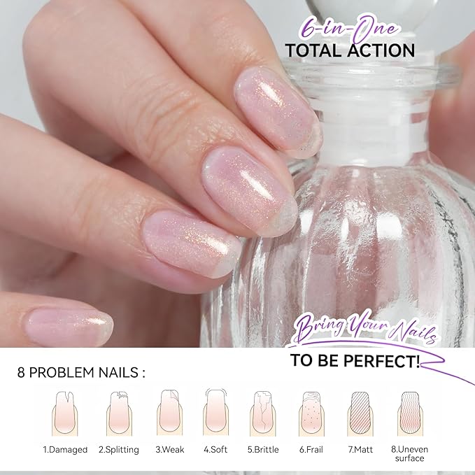 Nail Polish Strengthener and Growth Treatment: Glittering Gelike EC 6 in 1 Natural Nail Hardener Extra Strong and Growth - Long Lasting Nail Repair for Damaged Nails - For Daily Work Home Salon