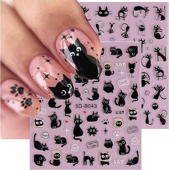 2Pcs Halloween Nail Stickers Blcak Cat Decals for Nail Art Scare Cat Nail Art Deign 5D Embossed Funny Cute Cats Nails Supplies Cat's Paw Nails Acrylic Accessories for Women DIY Manicure Decorations