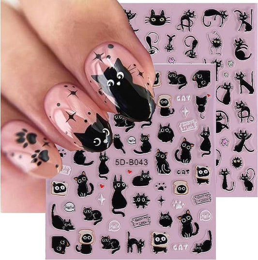 2Pcs Halloween Nail Stickers Blcak Cat Decals for Nail Art Scare Cat Nail Art Deign 5D Embossed Funny Cute Cats Nails Supplies Cat's Paw Nails Acrylic Accessories for Women DIY Manicure Decorations