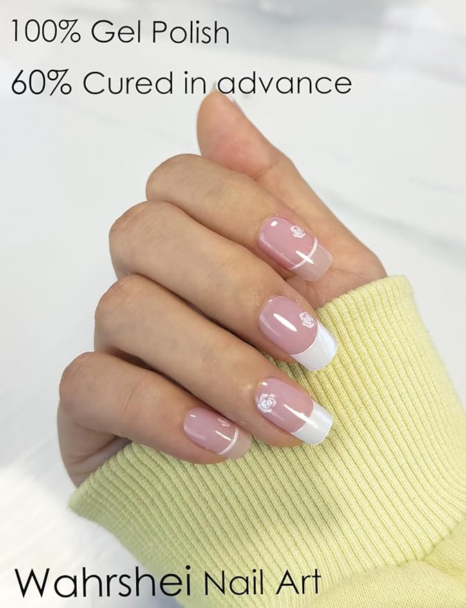 Semi Cured Gel Nail Strips, French, Rose, Easy to Use and Remove, 20pcs Gel Nails Sticker for Home Nails DIY