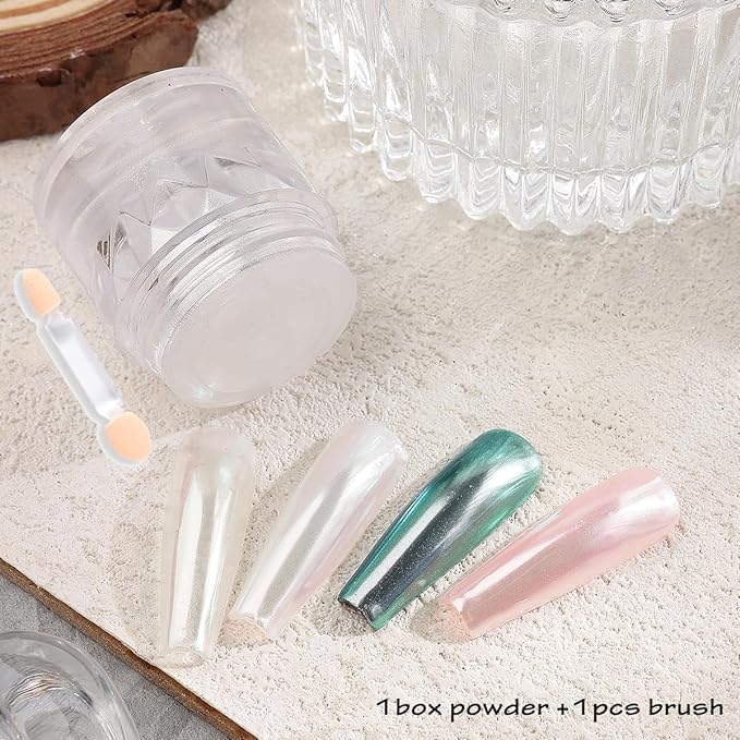 White Chrome Nail Powder, 1Box Pearl Chrome Powder, Opal Rubbing Dust, Glazed Donut Nails Powder, Pearlescent Shell Aurora Pigment, Iridescent Glitter Mirror Pigment Home Manicure Accessories