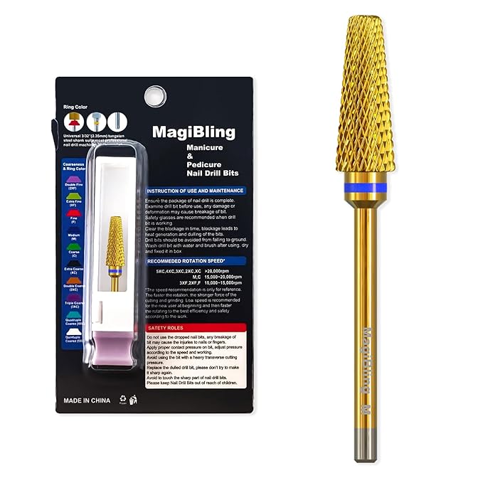 Super Cut 5 In 1 Nail Drill Bits，Tapered 3/32'' Safety Tungsten Bits, Upward Cut for Hard Gel Removal, Right Hand Use, Manicure Cuticle Gel Polishing, Technicians Bits, Gold, Medium.