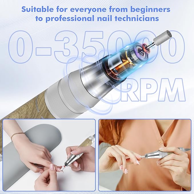 35000RPM Nail Drill Professional, Rechargeable Electric Nail File，Cordless Nail File Portable Efile for Acrylic Gel Nails Remove, 12Pcs Nail Drill Bits, Super Silent Shockproof and not hot