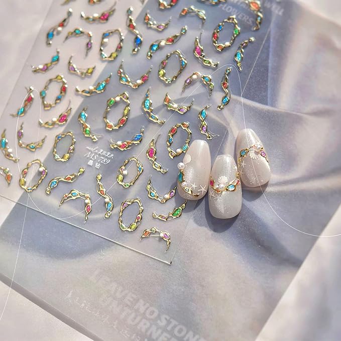 1 Sheet Gold Gemstone Necklace Nail Art Stickers 5D Embossed Pearls Gems Nail Decals with Gilded Designs Nail Sticker Self-Adhesive Colorful Rhinestone Nail Decal for Women Nails Decoration Supplies