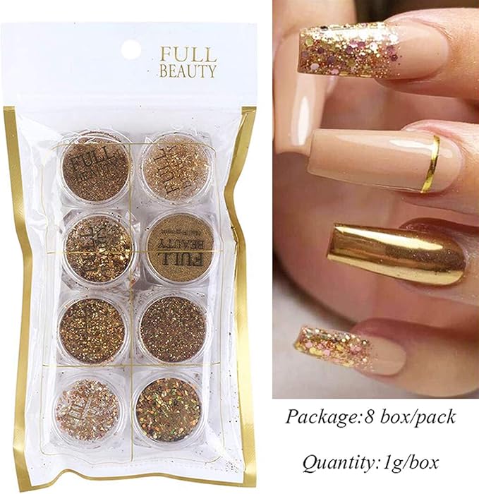 Holographic Gold Glitters Nail Art Sequins 3D Flakes Decoration for Women Girls Manicure Tips DIY Acrylic Nails Supplies Shining Design Accessories (8 Boxes)