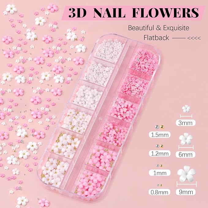 3D Nail Charms, Manicure Kit with Nail Rhinestone Glue Gel (UV Curing), Butterfly White Pink Flower Starry AB Gems Caviar Beads Half Round Pearl & Flatback Glass AB + Clear Gems with Dotting Tools
