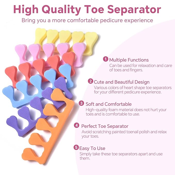 24pcs Toe Separators Set Colorful Heart Toe Separators Soft Durable Pedicure Tools for Feet Cute Design for Kids, Men and Women Spa & Pedicure & Manicure Tools