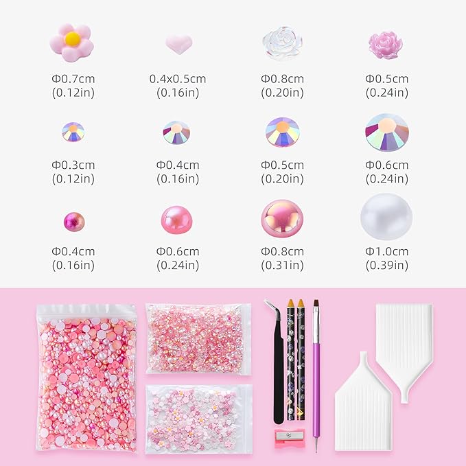 160g Pink Flat Back Pearls Rhinestones for Crafts Mixed Size 3mm-10mm AB Color Round Half Pearls Flatback Pearl Beads and Resin Rhinestones Set for Face Art