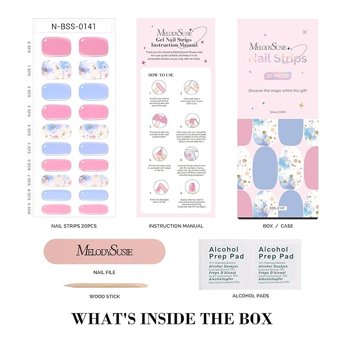 MelodySusie Semi Cured Gel Nail Strips (Pastel Bubbles), 20 PCS Macaron Gel Nail Stickers, Pink Gel Nail Wraps, UV Light Required, Durable and Salon Quality
