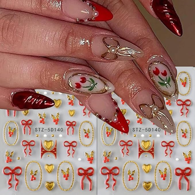Christmas Nail Art Stickers Decals 5D Embossed Bow Nail Stickers 2PCS Red Gold Bow Heart Gold Circle Cherry Xmas Nails Design Self-Adhesive Nail Decals Manicure Supply for Women DIY Nail Art