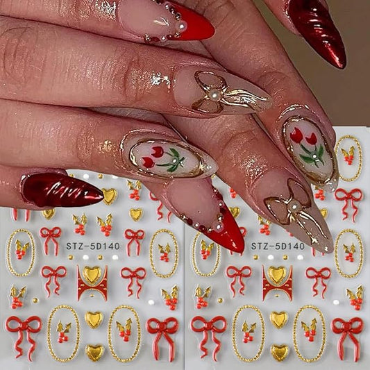 Christmas Nail Art Stickers Decals 5D Embossed Bow Nail Stickers 2PCS Red Gold Bow Heart Gold Circle Cherry Xmas Nails Design Self-Adhesive Nail Decals Manicure Supply for Women DIY Nail Art