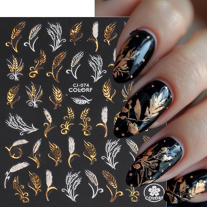 9Pcs Fall Nail Art Stickers Glitter Maple Leaf Nails Decals 3D Bronzing Ginkgo Squirrel Butterfly Flower Nails Design Sticker Autumn Thanksgiving Gold Nail Stickers Supplies for Women Manicure Decor