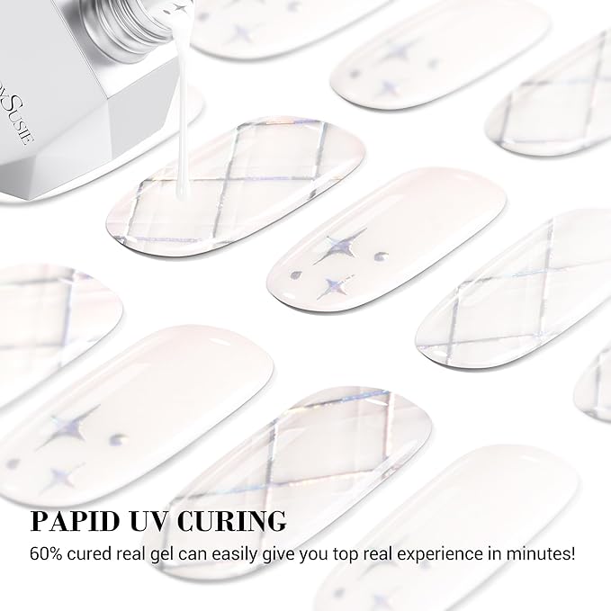 MelodySusie Semi Cured Gel Strips (White Argyle), 20 PCS Nail Stickers, Argyle Gel Nail Wraps, UV Light Required, Durable and Salon Quality